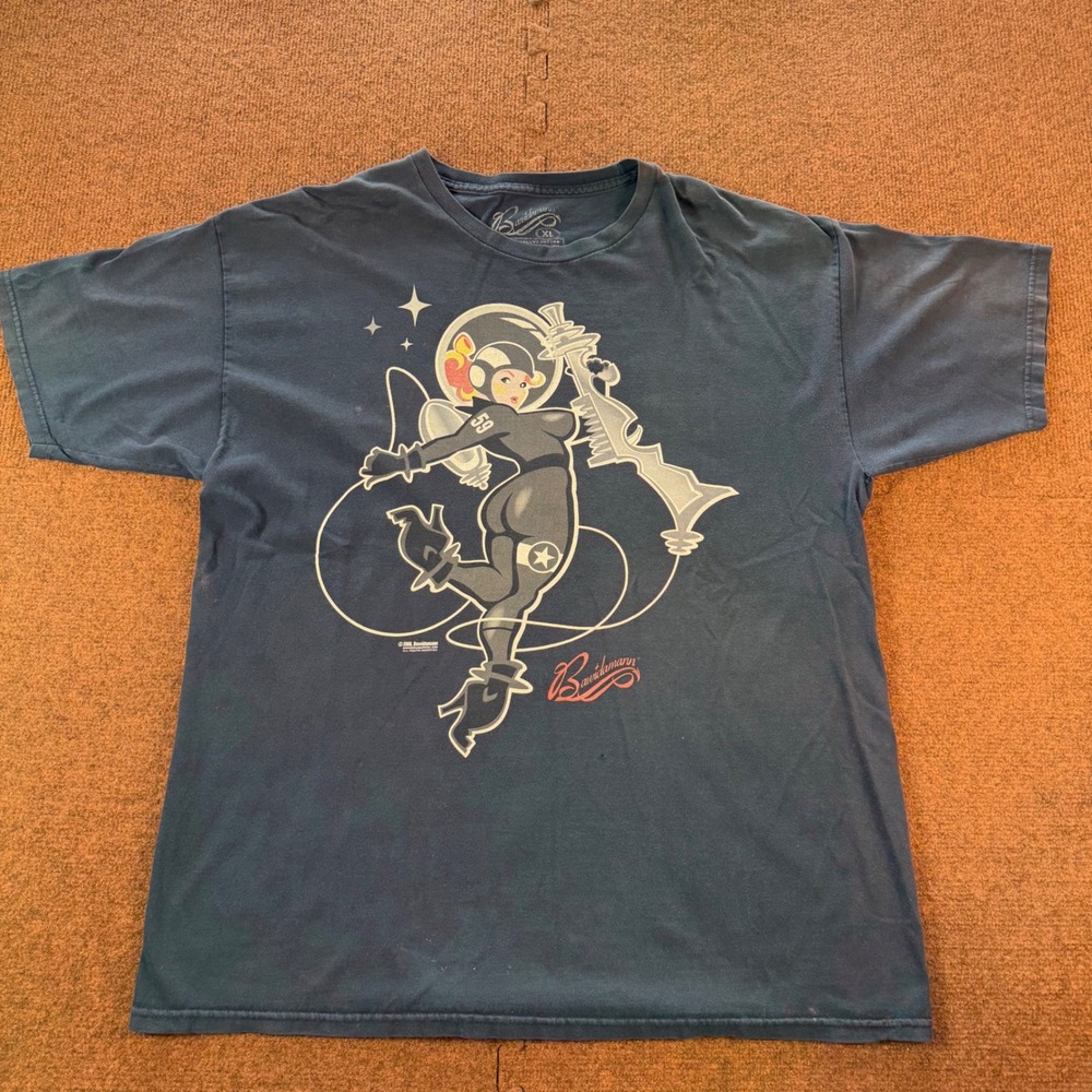 B+ Bawidamann Space Pinup Girl Graphic T-Shirt Mens XL Blue Sci-Fi 2008 Vintage